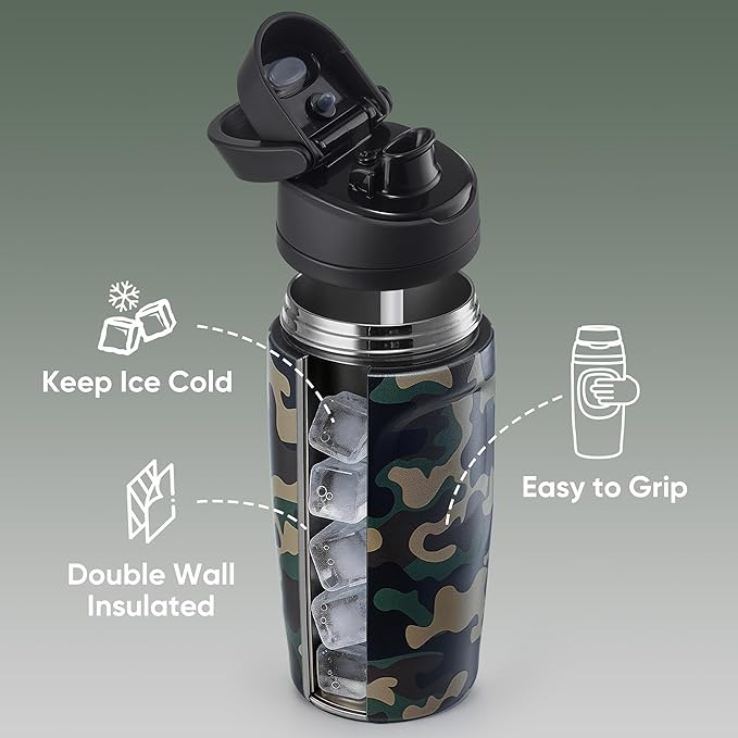 Fijinhom 16 oz Insulated Water Bottle,Stainless Steel Sports Water Bottle with Straw, Double Wall Vacuum Leak Proof, Cold for 24 Hours, BPA Free for Travel, Sport, Outdoor, Camouflage color