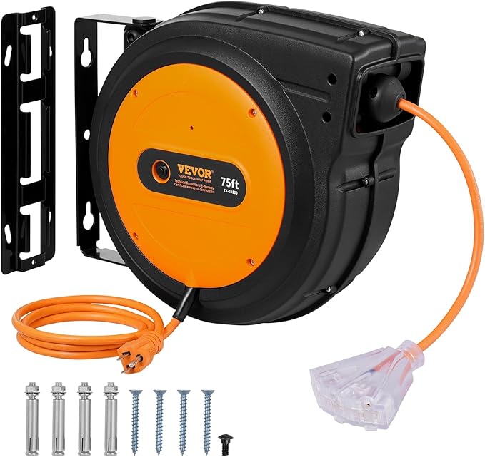 VEVOR Retractable Extension Cord Reel, 75 FT, Heavy Duty 14AWG/3C SJTOW Retractable Power Cord with Lighted Triple Tap Outlet, 13 Amp Circuit Breaker 180° Swivel Bracket for Ceiling or Wall Mount