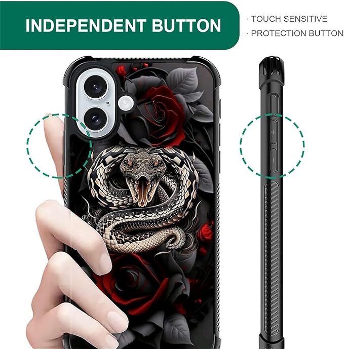 for iPhone 16 Case, Entwined Rose Snake Pattern Graphic Design Girl Boy Soft Silicone Hard Acrylic Shock Protection for iPhone 16