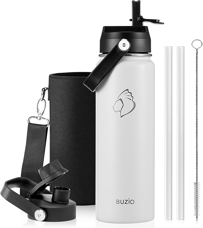 BUZIO 24 oz Water Bottle Insulated, Leakproof Stainless Steel Flask (Cold for 48 Hrs), Wide Mouth BPA-Free Metal Thermo Hydro Canteen with 2 Lids, White