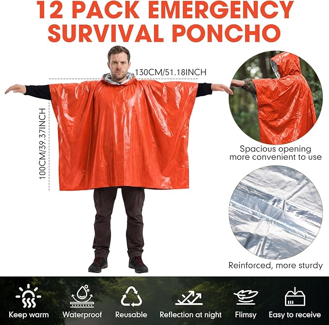 Tellegloww Emergency Ponchos with Polyester Film Blanket Liner Waterproof Windproof Thermal Survival Blanket Rain Ponchos
