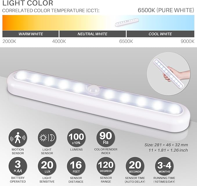 STAR-SPANGLED 11” Motion Sensor Lights Indoor AA Battery Operated, Stick on LED Light for Closet, Stairs, Under Cabinet, Kitchen, Cool White, 2 Pack