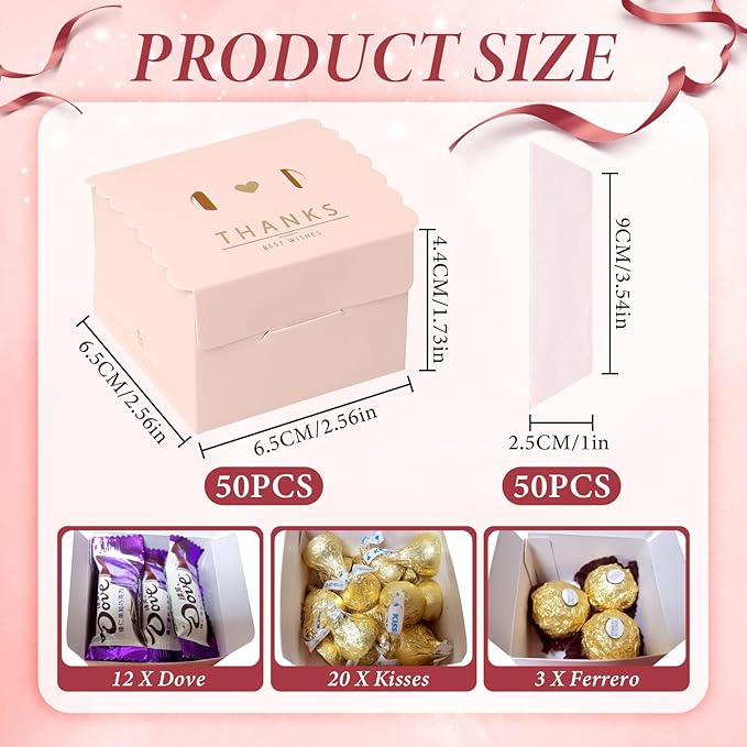CHolic 50Pcs Party Favor Candy Box, Thank You Pink Gift Candy Box with Ribbons for Birthday Party, Bridal Shower, Wedding Decorations, Candy Table Decorations