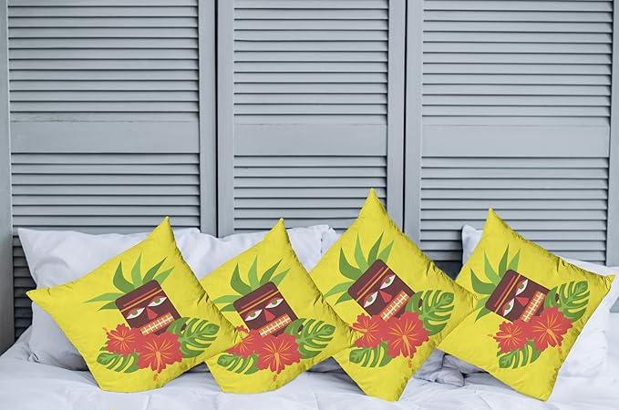 Ambesonne Luau Throw Pillow Cushion Case Pack of 4, Vibrant Composition of a Tiki Exotic Summer Hibiscus and Palm Leaves, Modern Accent Double-Sided Digital Printing, 20", Yellow Multicolor