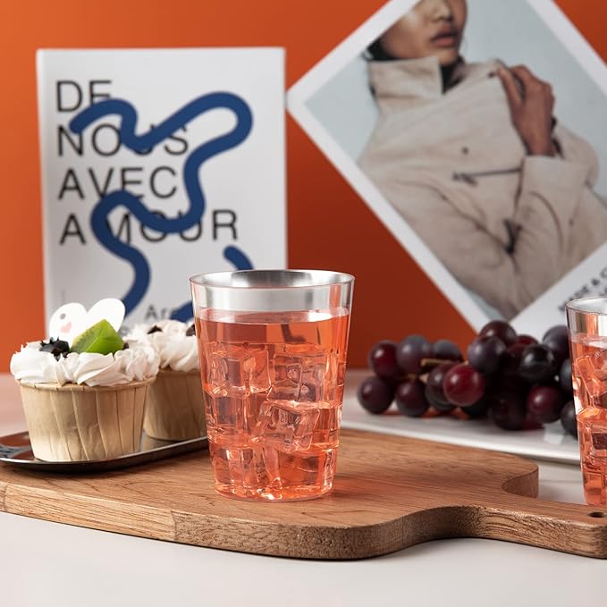 I00000 200pcs Silver Disposable Plastic Cups 10 oz Clear Plastic Cups Old Fashioned Tumblers Silver Rim Cup Disposable Elegant Silver Wine Glasses Cocktail Cup