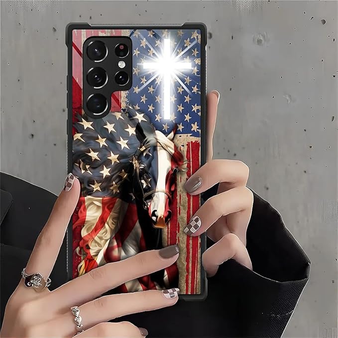 for Samsung Galaxy S22 Ultra Case, Red American Flag Horse Cross Pattern Graphic Design Girl Boy Soft Silicone Hard Acrylic Shock Protection for Samsung Galaxy S22 Ultra