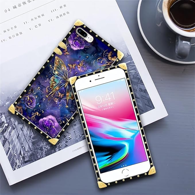 Compatible with iPhone 8 Plus 7 Plus Case, Glistening Golden Butterfly Vibrant Purple Blue Luxury Golden Decoration for Girl Women Soft TPU Shockproof Protective Hard PC Back