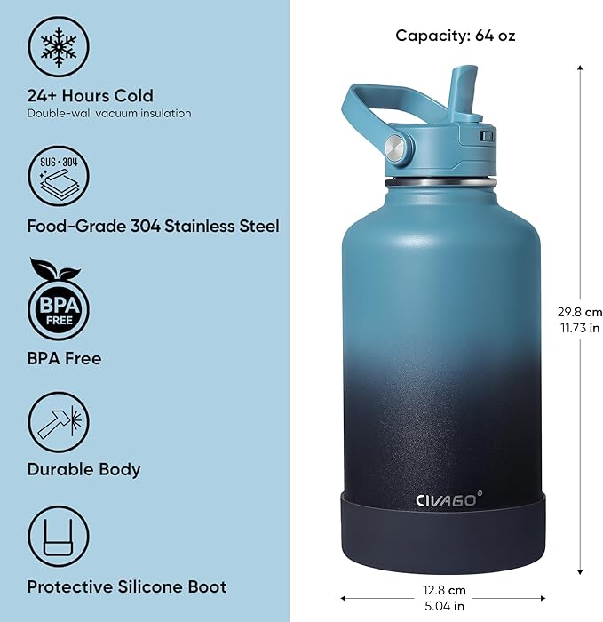 CIVAGO 64 oz Insulated Stainless Steel Water Bottle with Detachable Straw, Large Half Gallon Water Jug with Bucket Handle, Big Metal Leakproof Flask with Silicone Boot for Gym, Dishwasher Safe, Navy