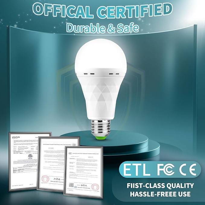 Emergency Rechargeable Light Bulbs, Battery Powered LED Light Bulb Daylight E26 12W 60W Equivalent with 1500mAh for Home Power Outage Camping Hiking(6 Bulbs,3 Plug Caps, 3 Hooks,3 socket adapter)