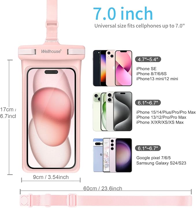 wellhouse Waterproof Phone Pouch, Waterproof Phone Case for iPhone17 16 15 14 13 Pro Max XS Samsung, IPX8 3D Cellphone Dry Bag Beach Essentials (2 Pack -Pink & White7.0, 7 inch)