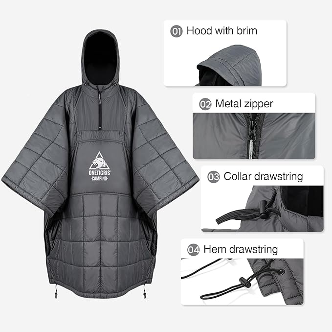 ONETIGRIS Camping Blanket Poncho with with Recycled Synthetic Insulation,Wearable Hoodie Blanket | Ultralight Water-Resistant Warm Camping Blanket for Outdoor, Hiking, Stadium