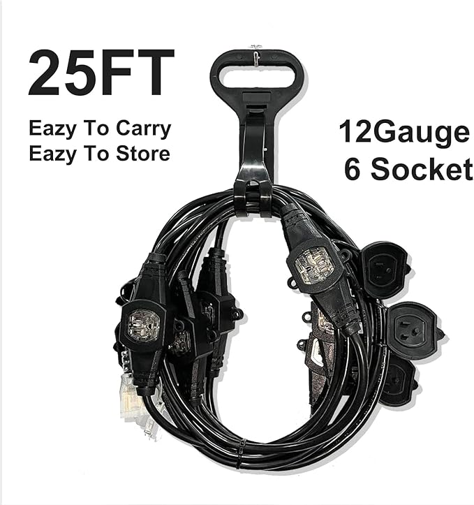 25FT Power Extension Cord 3 Prong, 16 Gauge SJTW 5-15R Cable Male Plug to Female Connector,7 Outlets Multiple Evenly-Spaced Plug,Suitable for Stage Setting or Outdoor,UL Certified Outlet Cable