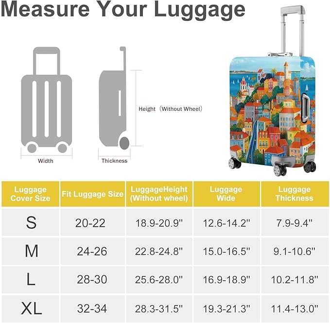 ANNA QUEEN Mediterranean Town Luggage Cover, Coastal City Suitcase Protector, Stretchable Washable Travel Cover for 24-26 Inch Luggage