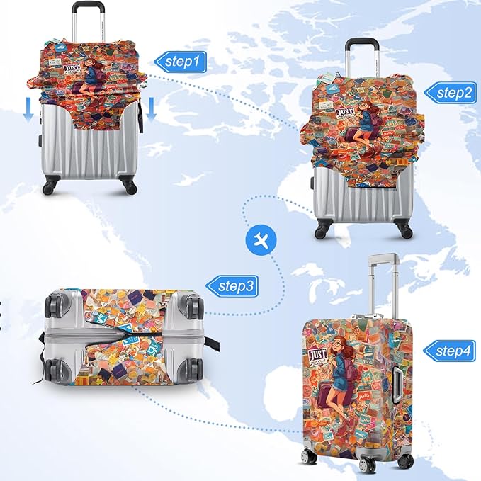 ANNA QUEEN Vintage Travel Stickers Gir Luggage Cover -Stretchable Airplane Suitcase Protector Sleeve,Universal Washable Fit for 20-26 Inch Checked Baggage,Water Resistant Durable Luggage Protector