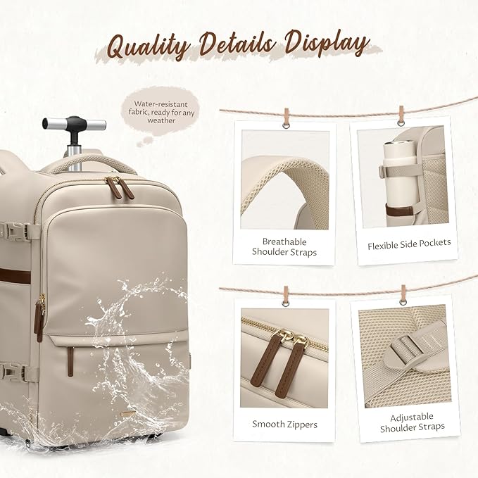 GOLF SUPAGS Rolling Backpack for Women 17 Inch Convertible Travel Laptop Backpack with Wheels, 32L Carry On Business Luggage Daypack Water-Resistant Rolling Bag for Work Short Trips (Apricot)