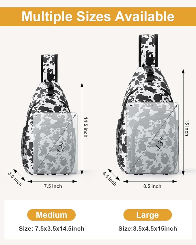 Pritent Crossbody Bags for Women Man Waterproof Sling Bag Backpack Trendy Casual Cross Body Bag with Convertible Shoulder Strap Chest Bag for Camping Hiking Travel Essentials (Cow print, Medium )