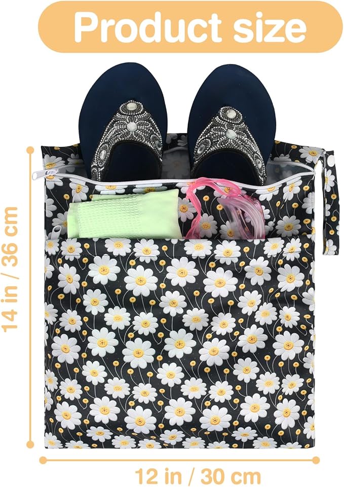 Wet Dry Bags 2 Pack,Waterproof Reusable Travel Bags for Swimsuits,Baby Cloth Diapers,Beach,Pool,Gym Bag & Wet Clothes with 2 Pockets -Daisy