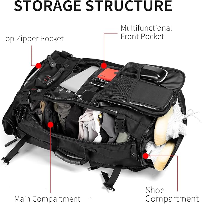 YOUMIAN Large Capacity For Travel Hiking Sports Carry On Backpack Durable Convertible Duffle Bag Laptop airplane (BLack, 45L-Normal)
