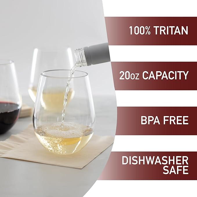 D'Eco Unbreakable Tritan Wine Glasses, 20 oz (Set of 8) – Shatterproof, Crystal-Clear, BPA-Free Plastic Tumblers – Indoor & Outdoor Cups for Entertaining & Parties - Mothers Day Gift for Mom
