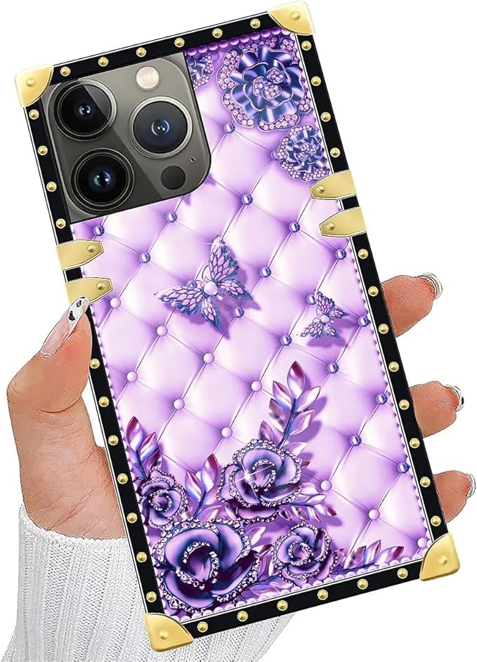 Compatible with iPhone 14 Pro Case, Purple Butterfly Flowers Leaf Luxury Golden Decoration for Girl Women Soft TPU Shockproof Protective Hard PC Back for iPhone 14 Pro