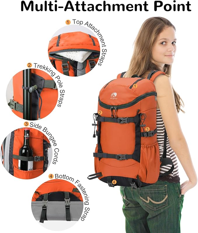 30L Skateboard Backpack for Men Women, Waterproof Hiking Backpack with Chest Strap for Camping Hunting, Lightweight Casual Travel Daypack for Skateboard Sport Outdoor, Orange