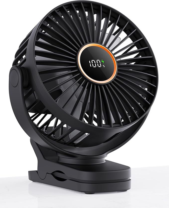 TUNISE Mini Clip on Fan, Battery Operated Desk Fan, Digital display，3 Speeds Adjustable, Bidirectional 360 ° Adjustable, Super Strong Wind, Portable Fan for Home Office Stroller Camping Black