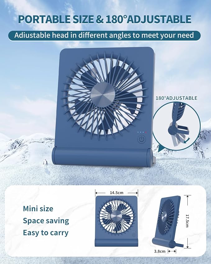 Small Desk Fan,Rechargeable USB Fan Battery Operated,Ultra Quiet, Strong Wind, 3 Speeds Travel Fans