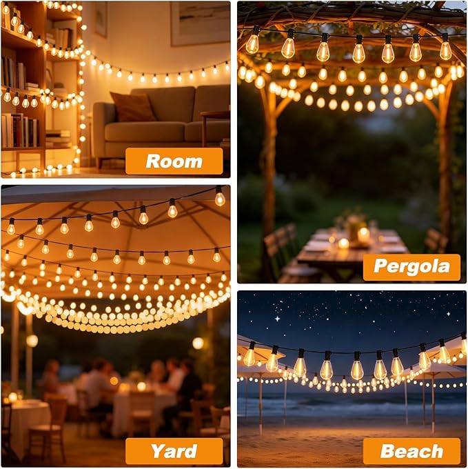 50FT Outdoor String Lights, 15m Waterproof Remote LED Patio Lights with 19+1 S11 Bulbs 10FT Extension Cable, Dimmable Outside Hanging Lights for House, Porch,Yard,Garden,Bistro, Gazebo lighting