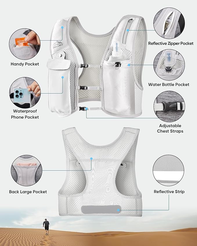 Zelvot Running Vest for Women Men, USA Original Patent, Adjustable Chest Straps Running Hydration Vest with 500ml Soft Flask, Lightweight Reflective Hydration Backpack for Marathon