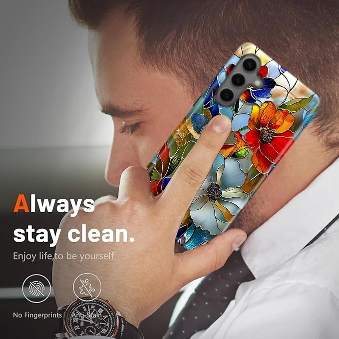 Compatible for Samsung Galaxy A36 5G Case, Dual Layer Heavy Duty 2 in 1 Shockproof Protective Phone Case,Stained Glass Blooming Flowers