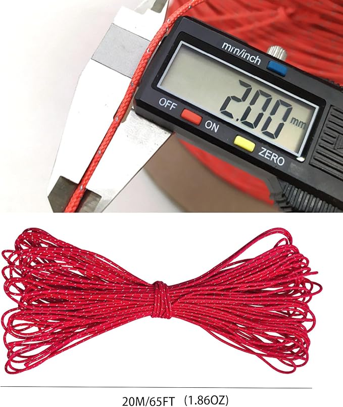 Dyneema Reflective Rope -2mm 400kg Fracture Strain - Suitable for Tents, Kite Surfing, and Other 65 feet (red, 2mm)