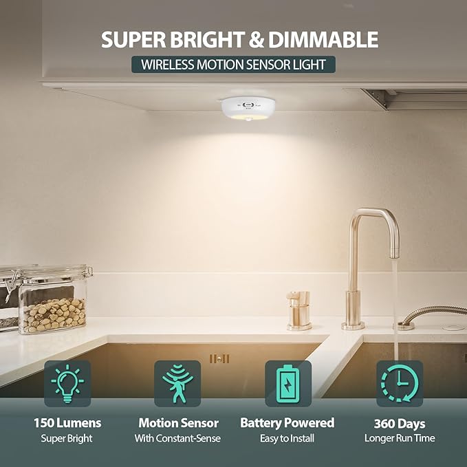 Reoshine Motion Sensor Light Indoor AA Battery Operated, Under Cabinet Lighting, Magnetic Stick on LED Puck Lights for Stair, Wall, Closet, Dimmable, 3000K Warm White (3 Pack)