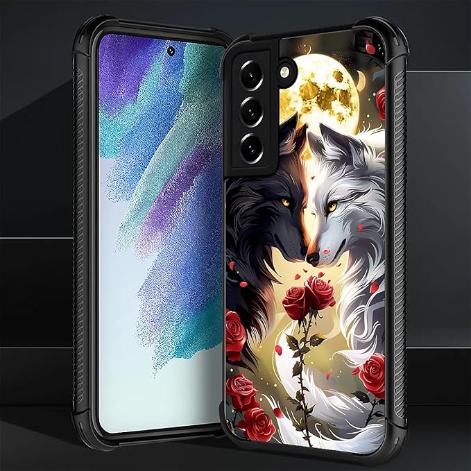 for Samsung Galaxy S21 Plus Case, Black White Wolf Moon Flower Rose Pattern Graphic Design Girl Boy Soft Silicone Hard Acrylic Shock Protection for Samsung Galaxy S21 Plus