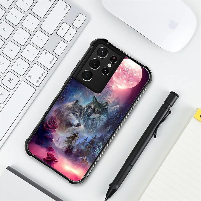 for Samsung Galaxy S21 Ultra Case, Star Two Wolfs Howling Pattern Graphic Design Girl Boy Soft Silicone Hard Acrylic Shock Protection for Samsung Galaxy S21 Ultra