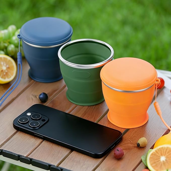 Collapsible Travel Cup, BPA-Free Reusable Water Cup, Lightweight Drinking Cups with Lids and Carrying Strap, Dishwasher Safe Silicone Cups for Camping, Travel, Airports, Hotel (6.7oz, Lilac)