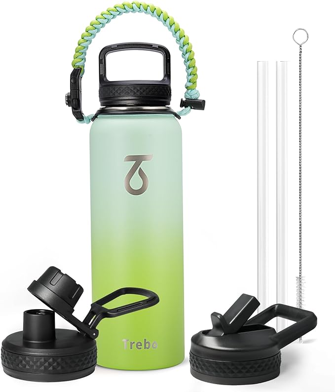 Trebo 40oz Water Bottle Insulated with Lid and Straw,Triple Wall Vacuum Stainless Steel Metal Sports Flask with Paracord Handle, Keep Hot 24 Hours & Cold 48 Hours Water Jug with 3 Lids, Dark Green
