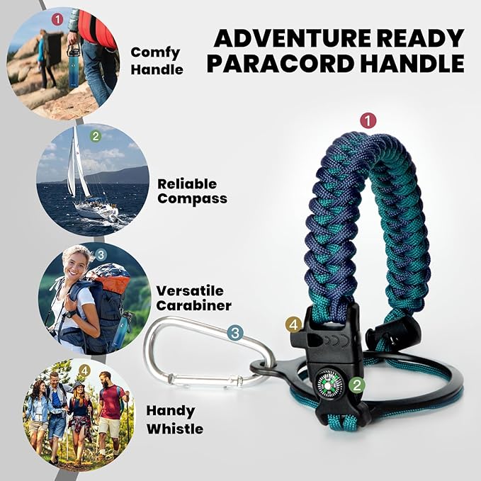 RAYMYLO Insulated Water Bottle 24oz, Triple Wall Vacuum Stainless Steel (Cold for 24Hrs, Hot for 12Hrs), Leak Proof & Non-BPA, 24oz Hydro Water Flask with Paracord Handle & Straw Spout Lids