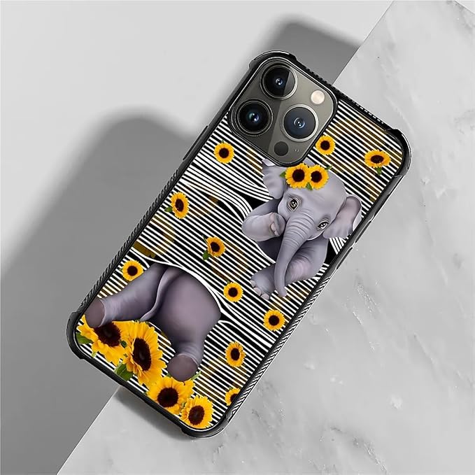 for iPhone 15 Pro Case, Cute Little Elephant Sunflower White Line Art Pattern Graphic Design Girl Boy Soft Silicone Hard Acrylic Shock Protection for iPhone 15 Pro