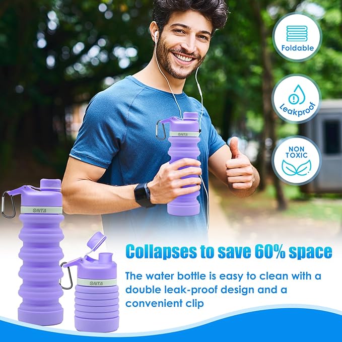 ONTA Collapsible BPA Free Silicone Water Bottle, 20oz - Portable, Leakproof, Easy Clean, Shatter Resistant, Travel Friendly