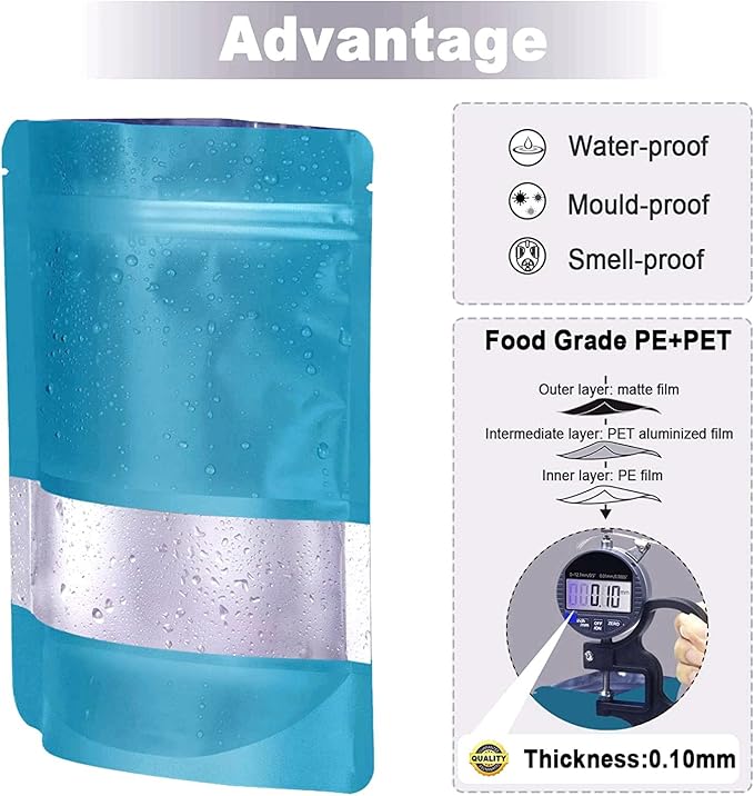 5.9"x8.6" 120pcs Mylar Bags for Food Storage,Smell Proof Bags with Matte Window Resealable Food Storage Bags for Small Business, Stand-up Foil Pouch Packaging Treat Snack Bags for Self Sealing（Blue）