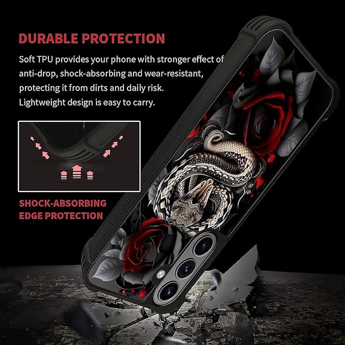 for Samsung Galaxy S26 Plus Case,Graphic Design for Girl Boy Soft Silicone Hard Acrylic Shock Protection Designed for Samsung Galaxy S26 Plus Entwined Rose Snake Pattern
