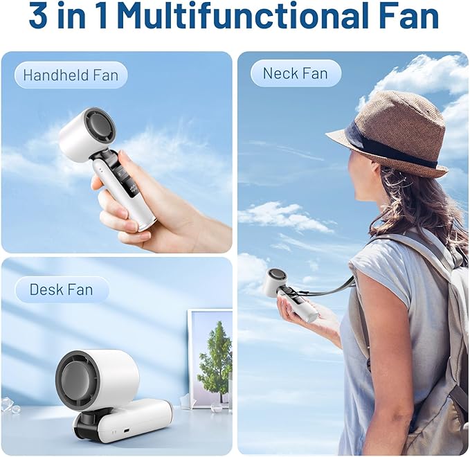 Lerat Portable Handheld Turbo Fan, 5 High-Speed Wind, Battery Operated, Up to 12H Runtime, 3 IN 1 Hand Fan with LED Display & Flashlight, Personal Cooling Fan for Travel, Outdoor, Beach Essentials