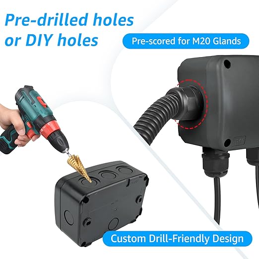 SuperInk Black IP66 Waterproof Junction Box, Outdoor Electrical Enclosure Project Box 4.9"x3.3"x2.3", PVC/ABS Weatherproof Cable Box Fits 20mm Cable Glands for Garden Lighting, CCTV, DIY Wiring