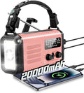 Emergency Crank Radio, 20000mAh / 74000mWh Solar Hand Crank Weather Radio with NOAA/AM/FM, Battery Powered Radio with Cell Phone Charger, Reading Lamp, Flashlight & SOS for Emergencies/Home (Pink)