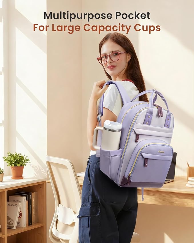LOVEVOOK Laptop Backpack for Women with Giant Tumbler Holder,18 inch School College Book Bag Nurse Teacher Backpack,Work Travel Backpack Purse Laptop Computer Bag, Taro purple-Light purple-Purple