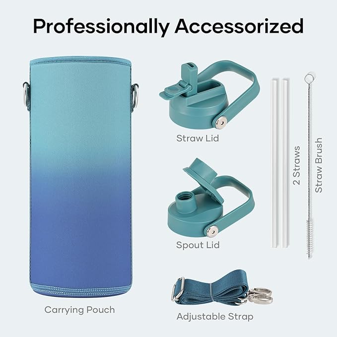 BUZIO 40 oz Insulated Water Bottle, Triple Wall Vacuum Stainless Steel Water Flask with 2 lids, Lead-Free BPA-Free Straw Lid Sports Canteen Jug, Cold 48H & Hot 24H, Gradient Cyan