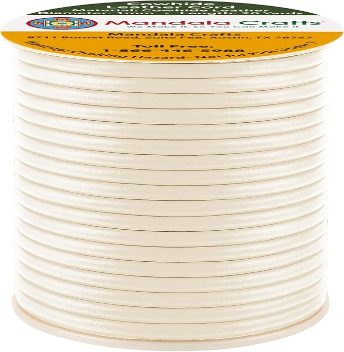 Mandala Crafts Round Genuine Cream Leather Cord for Jewelry Making – 1mm Cowhide Leather Rope String Lace for Kumihimo – 20 Yards Cowhide Craft Cording Spool