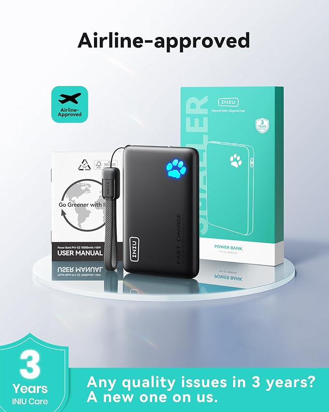 INIU Portable Charger, Ultra Slim 45W Fast Charging with Attached USB C Cable, Flight-Safe 10000mAh PD Power Bank Battery Pack, Travel Essential Phone Powerbank for iPhone 17 16 Samsung S25 Google etc