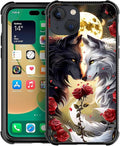 for iPhone 13 Mini Case, Black White Wolf Moon Flower Rose Pattern Made of Soft Silicone Hard Acrylic Shock Protection for iPhone 13 Mini
