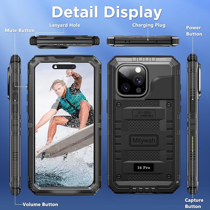 Mitywah Waterproof Case for iPhone 16 Pro, Shockproof Heavy Duty Case with Built-in Screen Protector, Underwater Full Body Protective Metal Case 6.3 inch, Black